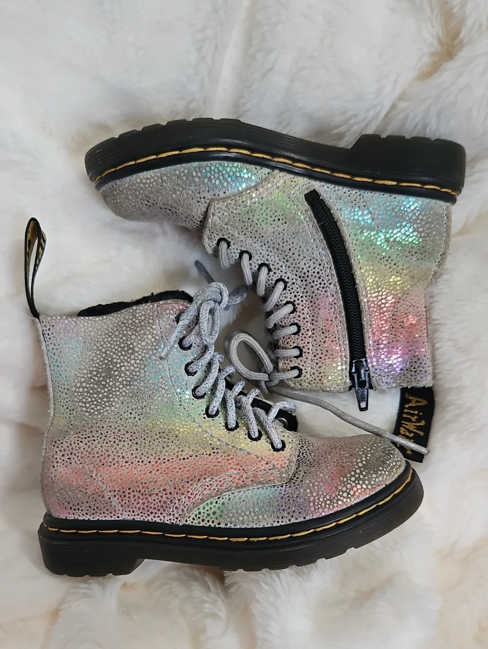 Dr. Martens Kids Iridescent Holographic Lace-Up Boots in Silver and Pastel